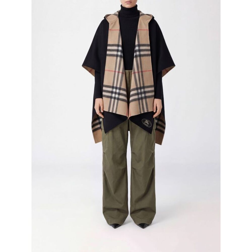 Burberry Women Hooded 100% Cashmere Burberry Cape With Check Pattern